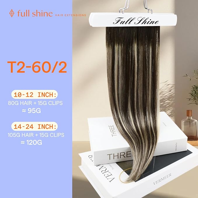 Full Shine Human Hair Clip in Extensions Balayage Dark Brown Clip on Hair Extensions Double Weft Dark Brown Ombre Platinum Blonde Straight Hair Extensions 14 Inch 7 Pcs 120 G