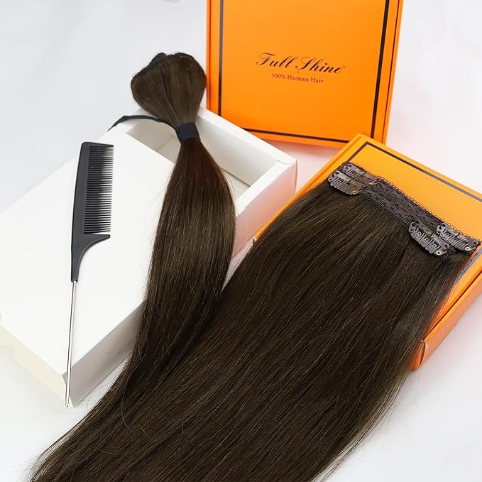 Full Shine Dark Brown Clip in Hair Extensions Real Human Hair 16 Inch Clip in Human Hair Extensions Lace Base Hair Extensions Color 2 Dark Brown Clip in Hair for Women 3 Pcs 60Grams