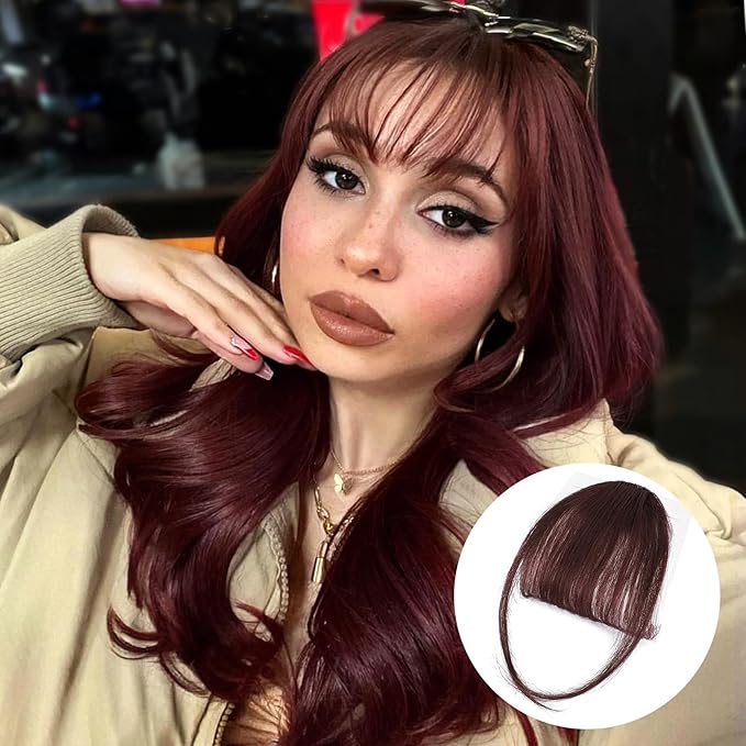 BOGSEA Clip in Bangs 100% Human Hair Wispy Bangs Fringe with Temples Hairpieces for Women Fake Bangs for Daily Wear (Wispy Bangs, (Wine Red))