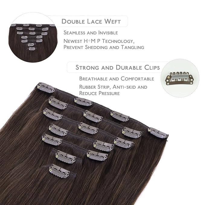 WENNALIFE Clip in Hair Extensions Real Human Hair, 20 Inch 120g 7pcs Light Dark Brown Remy Hair Double Weft Straight Natural Extensiones De Cabello Humano Con Clip Ins