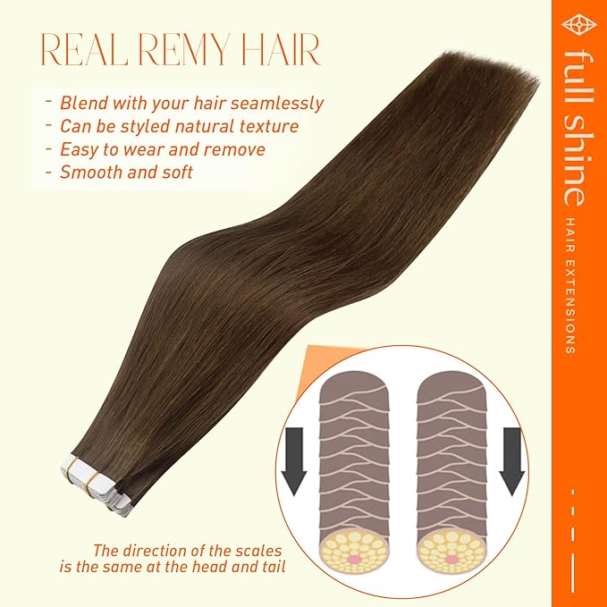 Full Shine Tape in Hair Extensions Human Hair 100G 24 Inch 4 Medium Brown Tape in Extensions Long Tape ins Human Hair Extensions Seamless Tape Extensions 40 Pcs Double Sided Hair Extensions