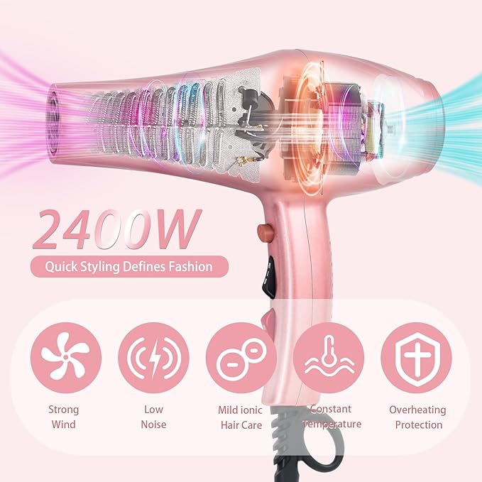 Ionic Hair Dryer,2400W Negative Ion Low Noise Hair Dryer Professional Fast Drying Hair Dryers with 2 Speeds, 3 Heat Settings, Cooling Button,with Diffuser for Curly and Straight Hair（Sakura Pink）