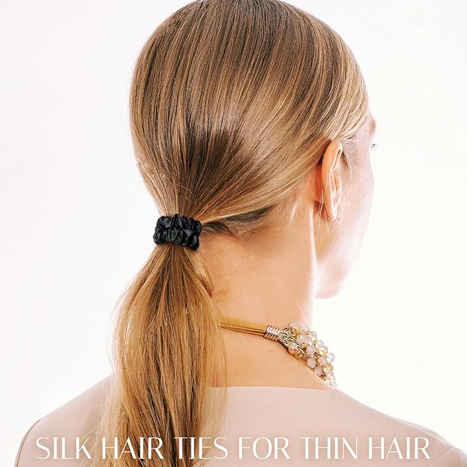 OLESILK Silk Hair Ties for Women: 100% Mulberry Skinny Silk Scrunchies, Soft Smooth No Damage No Crease for Thin Fine Curly Hair 5 Pack, Light