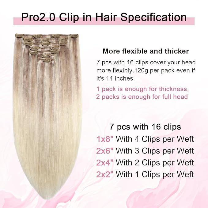 Pro2.0 Clip in Hair Extensions Real Human Hair 120g Thick 7pcs #18/22/60 Balayage Ash Blonde to Golden Blonde and Platinum Blonde Real Human Hair Extensions Clip ins 14inch（#18/22/60-14inch）