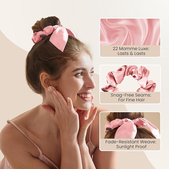 THXSILK 100% Mulberry Silk Bow Scrunchies 3-Pack, 22 Momme Mulberry Silk Hair Ties for Women, Cute Bunny Ear No Damage Ponytail Holders, Fashion Hair Accessories for Girls(M, Charming Pink)