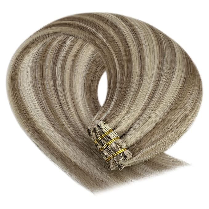 YoungSee Highlights Clip in Hair Extensions Human Hair Brown Highlight Clip in Extensions Light Brown with Blonde Real Hair Extensions Clip in Human Hair Easy to Wear 7Pcs 120G 20Inch