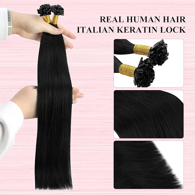 YoungSee U tip Hair Extensions Black U Tip Hair Extensions Human Hair Jet Black 16 Inch Keratin Tip Extension Real Human Hair Silky Smooth Texture 1g/s 50s/50g for School