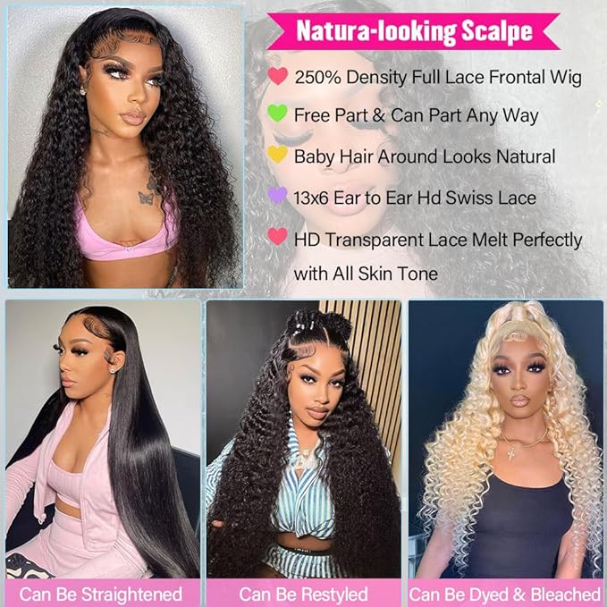 38 Inch 13x6 Deep Wave Lace Front Wigs Human Hair Pre Plucked 250% Density 13x6 HD Transparent Lace Frontal Wigs Human Hair Glueless Deep Curly Human Hair Wigs For Women Natural Color