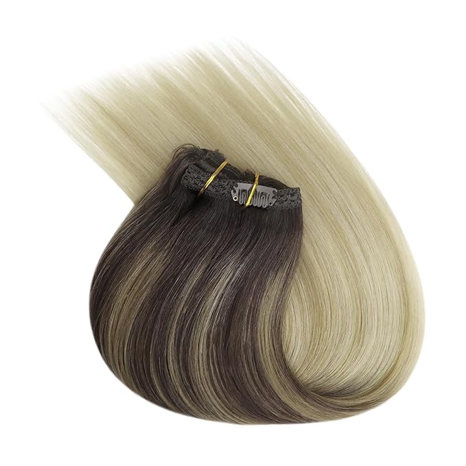 Ve Sunny Clip in Hair Extensions Real Human Hair Flexible Human Hair Clip in Extensions Ombre Hair Clip in Extensions Dark Brown Ombre Golden Blonde Mix Light Blonde Natural Look 7pcs 120g 18inch