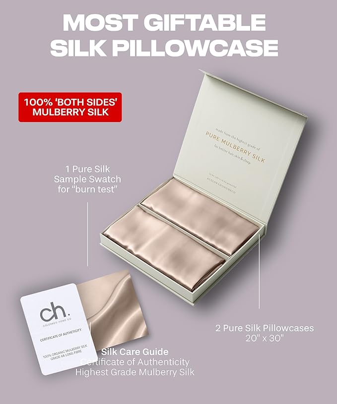 SUNDAYSILKS™ | Silk Pillow Cases 2 Pack | 22 Momme Mulberry Silk Pillowcase Set of 2 | All Sides 100% Pure Silk Slip Pillowcases Bliss for Couples, Zipper | Standard Queen, King Size [Nude Champagne]