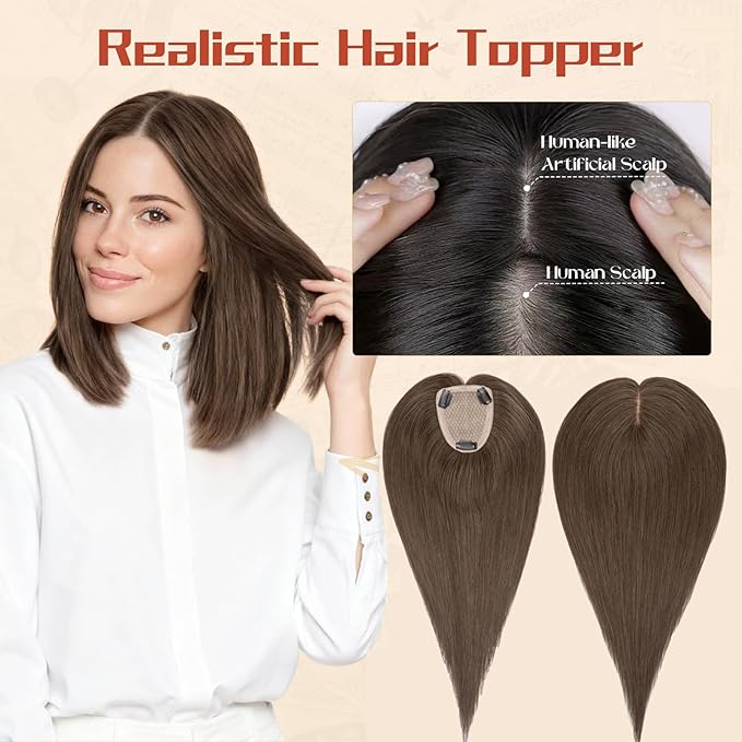Rich Choices Human Hair Toppers for Women-100% Real Remy Hair Topper No Bang-Upgraded 150% Density 9 * 12CM Lace Base-Clip in Hairs Topper for Thinning Hairs-10Inch #2 Dark Brown