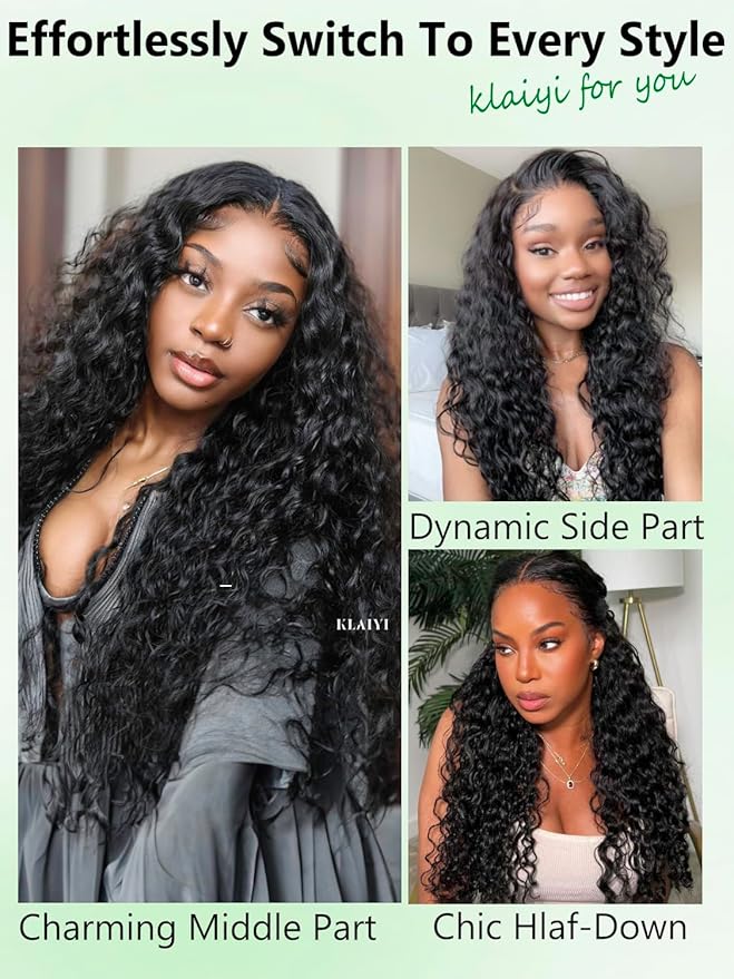 KLAIYI Water Wave HD Real Scalp Glueless Precut 13x4 Lace Front Human Hair Wig Drawstring Bye Bye Knots Pre Plucked Bleached Pre Everything 30S Ready to Wear and Go Deep Curly Wave Beginner Wig 18Inch