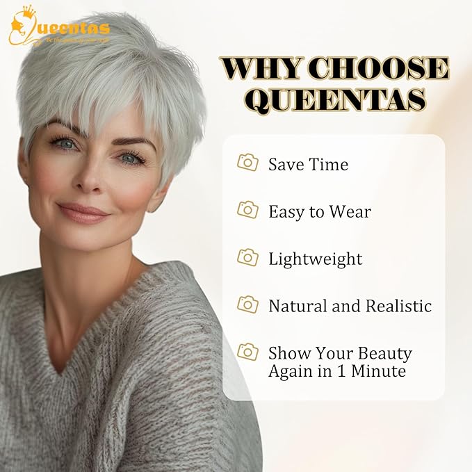 QUEENTAS Grey Hair Toppers for Women with Thinning Hair 360°3D Cover with 5 Clips Short Hair Pieces Wispy Bangs 6"*6" Large Coverage(Gray)