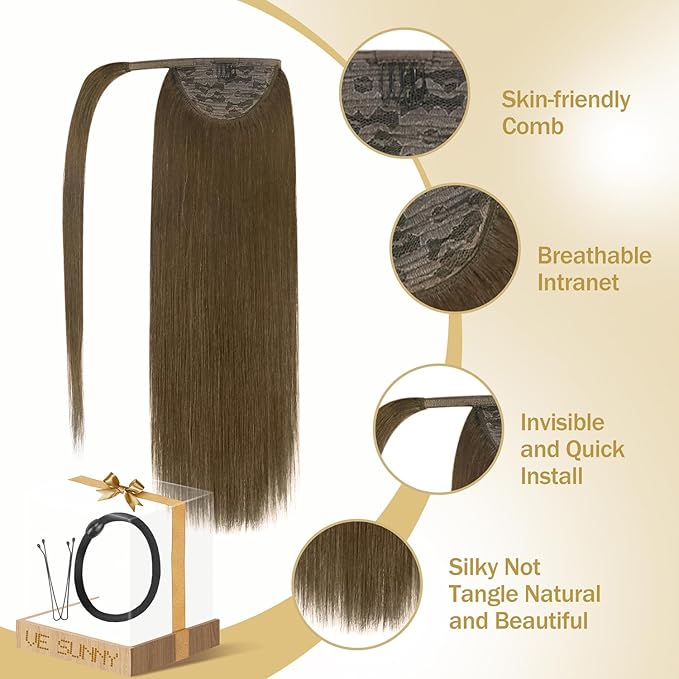 Ve Sunny Hair Extensions Ponytail Real Human Hair 80G Wrap Around Clip in Ponytail Hair Extensions Straight Extensions Human Hair for Women Light Ash Brown 14inch