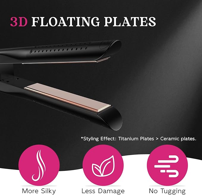 SKIMI Airflow Styler, Titanium Flat Iron Hair Straightener, Professional Curling Iron with Cooling Air Vents to Lock in Style, 5 Temps & Dual Voltage, Auto Off (Black & Rose Blush).