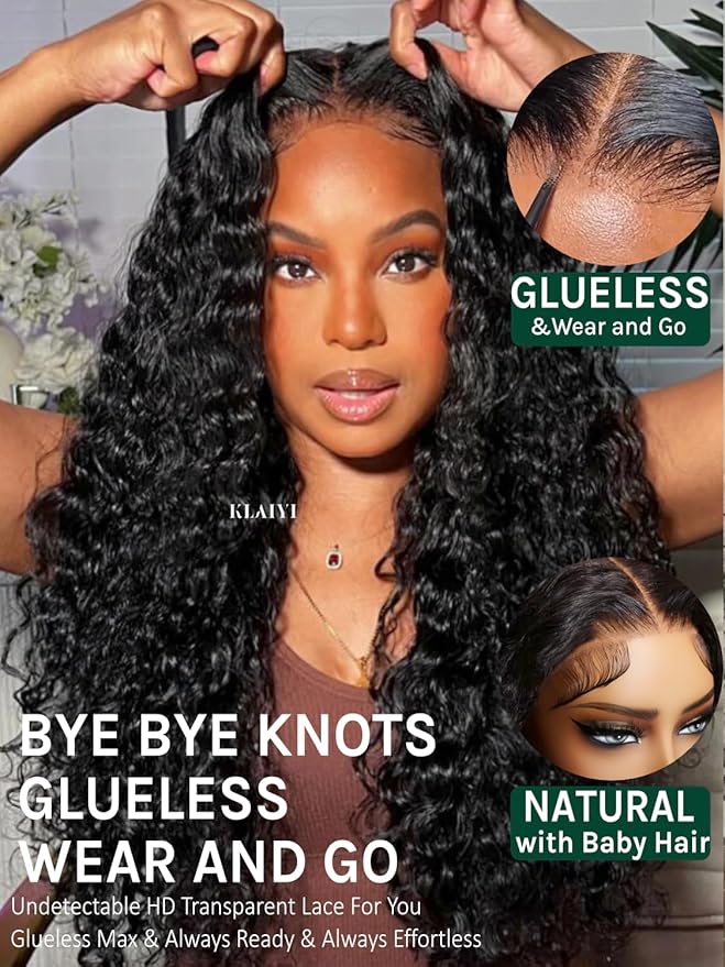KLAIYI Bye Bye Slip™ Water Wave 7X5 Precut Lace Front Human Hair Wig Drawstring Glueless 3S Ready to Wear and Go Wig with Baby Hair Pre Plucked Bleached Bye Bye Knots Curly Wig 180%Density Full 20Inch