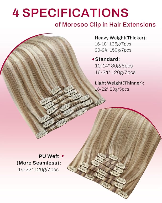 Moresoo Blonde Seamless Clip in Hair Extensions Real Human Hair Blonde Highlights Clip ins Human Hair Invisible Golden Brown with Platinum Blonde for Full Head 120g/7pcs 16 inch
