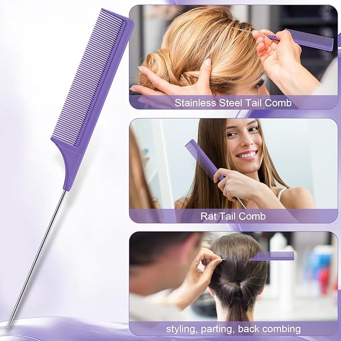 Hair Brush with Hair Styling Comb Set, Purple, Detangling Hair Brushes for Women Men Kids Curly Hair, Includes Detangler Brush, Teasing Hair Brush, Rat Tail Comb, Edge Brush