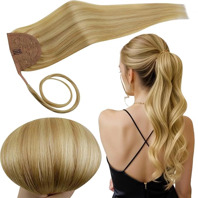 RUNATURE Human Hair Ponytail Straight, Ponytail Extension Human Hair, Real Hair Ponytail Extension Blonde, Remy Natural Hair Add Volume, 14 Inch 70g #16P24 Golden Blonde Highlights