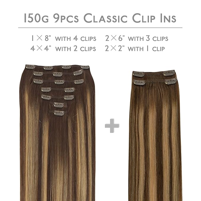 WENNALIFE Clip in Hair Extensions, 150g 16 Inch 9pcs Balayage Chocolate Brown to Honey Blonde Human Hair Extensions Thicker Clip in Hair Extensions Real Human Hair Clip Set Double Weft