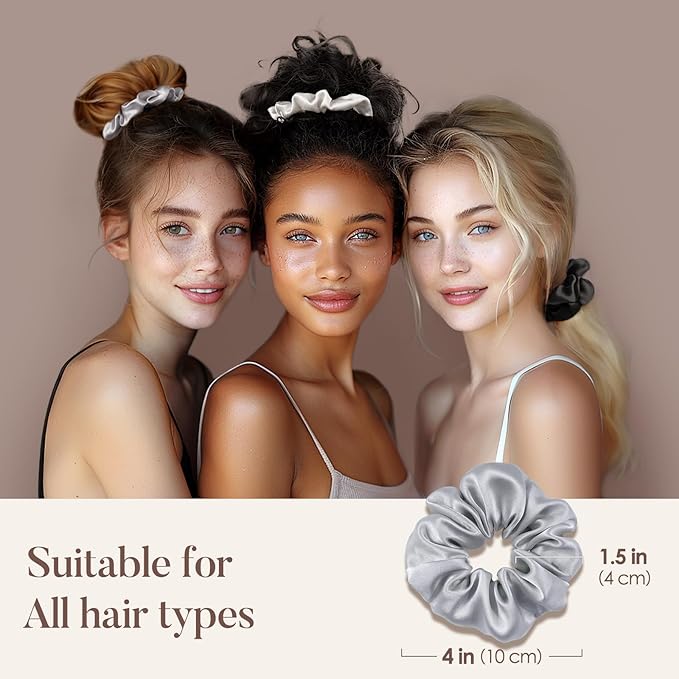 LULUSILK Silk Scrunchies for Hair Sleep, 100% Real Mulberry Silk, No Damage Hair Ties for Women and Girls, Black White and Silvergrey, Pack of 3