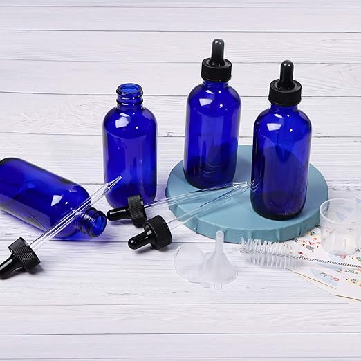 12 Pack 4oz Cobalt Blue Glass Bottles with Glass Eye Droppers for Essential Oils, Perfumes & Lab Chemicals (Brush, Funnels, 2 Extra Droppers, 24 Pcs Labels & 30ml Measuring Cup Included)