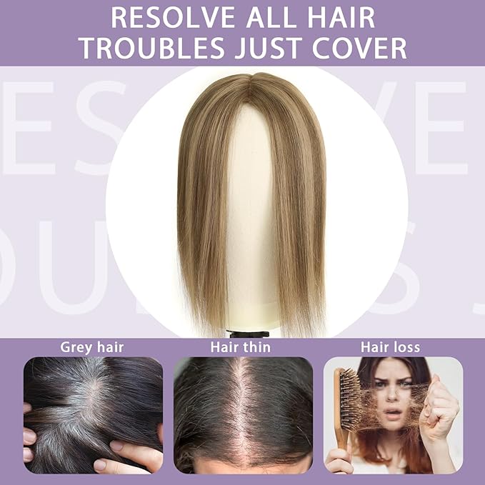 Toppers Hair Pieces for Women #TAC, 3x5 Inch Injected Silk Base 12 Inch Length 130% Density Real Human Hair Toppers