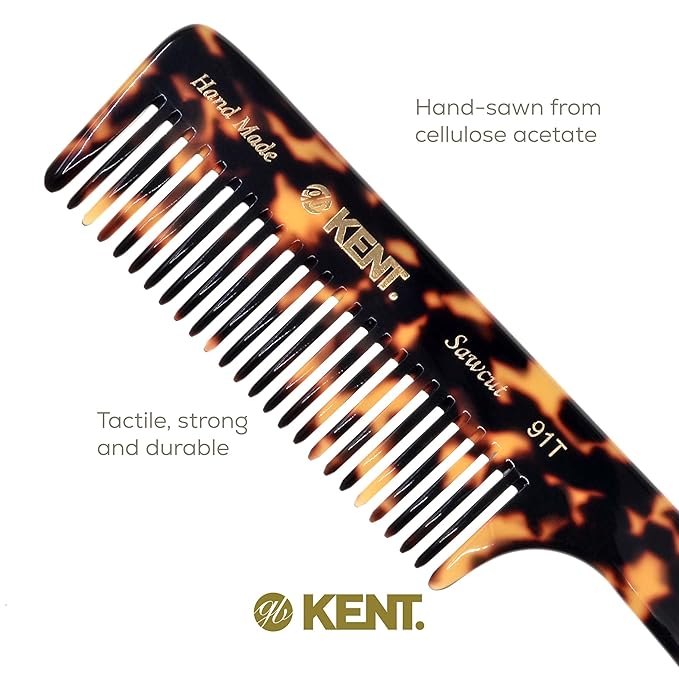 Kent 91T TY Wide Tooth Detangler Hair Comb for Women and Men - for Curly and Wavy Hair - and Wet Hair Comb, Large Handle Wide Tooth Shower Comb for Effective Detangling, Saw-Cut Handmade and Polished