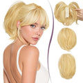 RUWISS Claw Clip Short Human Hair Ponytail Extension with Bendable Metals for DIY Styles Straight Messy Bun Hair Piece for Women Hairpieces for Daily Wear, 9 Inch Golden Blonde Mixed Bleach Blond