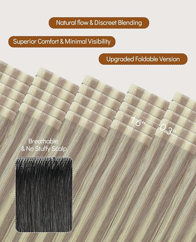 VINBAO Invisi Edge Tape in Hair Extensions Human Hair, 50g 20pcs Dirty Blonde Highlighted Platinum Blonde, Seamless Invisible Tape Natural Blend 18inch #18P60
