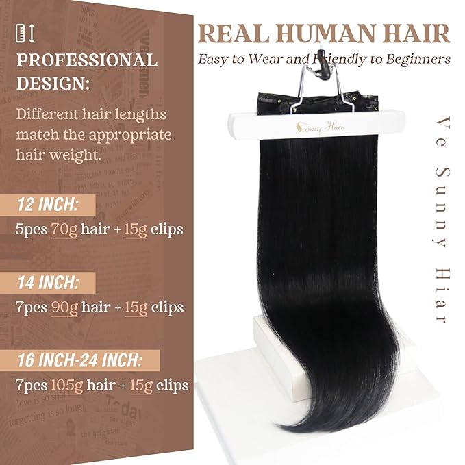 Ve Sunny Clip in Hair Extensions Real Human Hair Jet Black Hair Extensions Double Weft 9A Virgin Remy Human Hair Extensions Clip in Natural Brazilian Hair 18inch 7pcs 120g