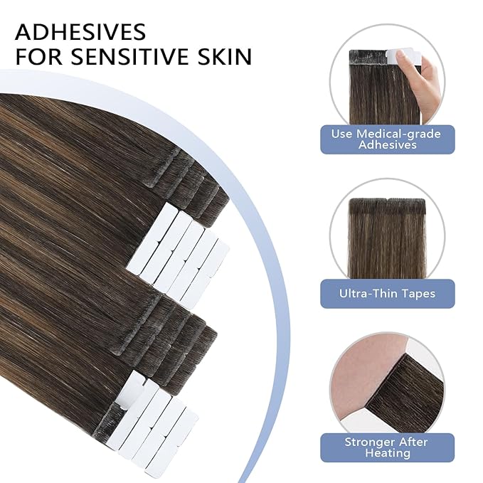 COOKAYU Invisible Tape in Hair Extensions Human Hair, Invisi Edge Injected Tape in Extensions Dark Brown to Dirty Blonde 20Inch 20pcs 45g