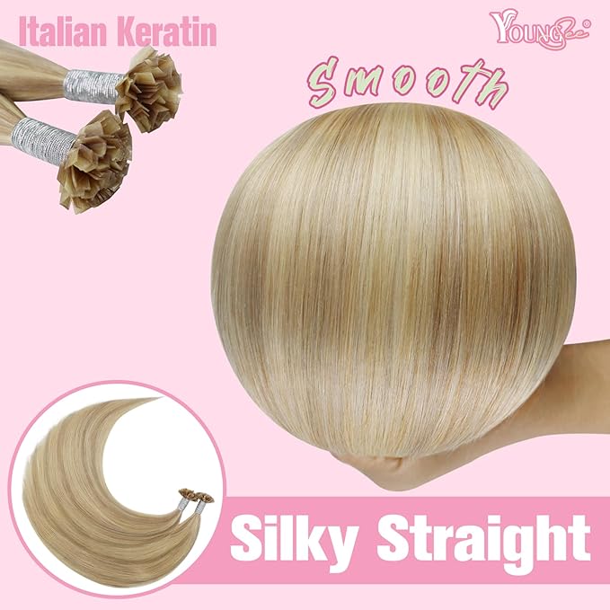 YoungSee K Tip Hair Extensions Human Hair Blonde Highlight Ktip Human Hair Extensions Golden Blonde Highlight 14inch 50s/50g