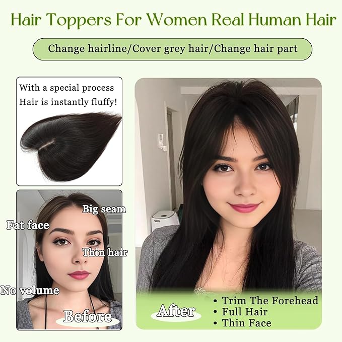 Hair Toppers for Women Real Human Hair, 360°3D Bangs Clip Human Toppers for Women with Thinning hair Realistic Scalp Line (Light Brown, 3D Side Bangs (11 * 7))