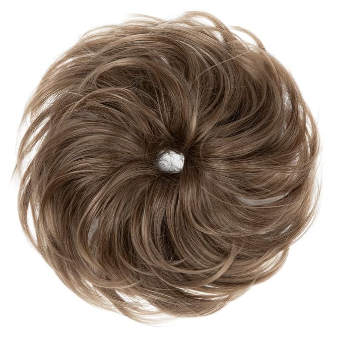 SARLA Messy Hair Bun Hair Pieces Curly Synthetic Updo Fake Scrunchies Ponytail Extension for Women Brunette and Ash Blonde Tips 1PCS