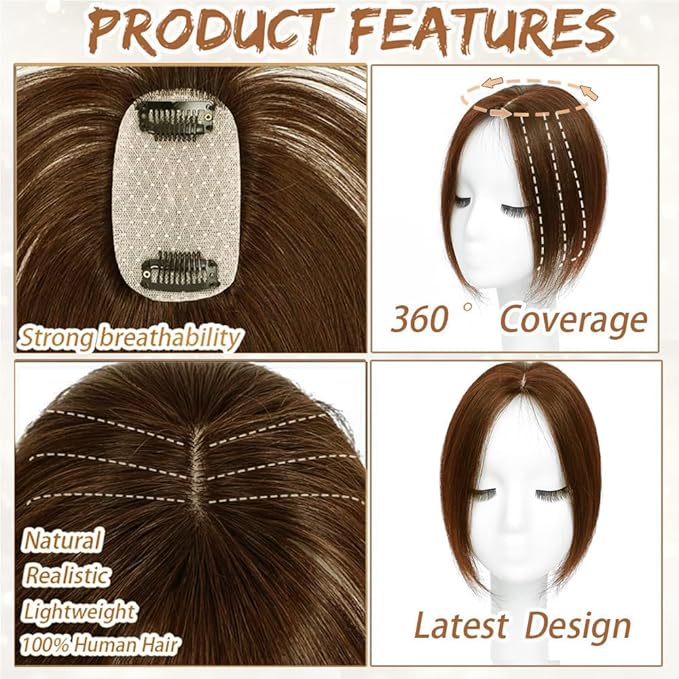 Amchoice Hair Toppers for Women Real Human Hair, Bangs Hair Clip 360° 3D Cover Bangs, Human Hair Toppers for Women Daily(Light Brown, 3D Side Bangss (5 * 9))