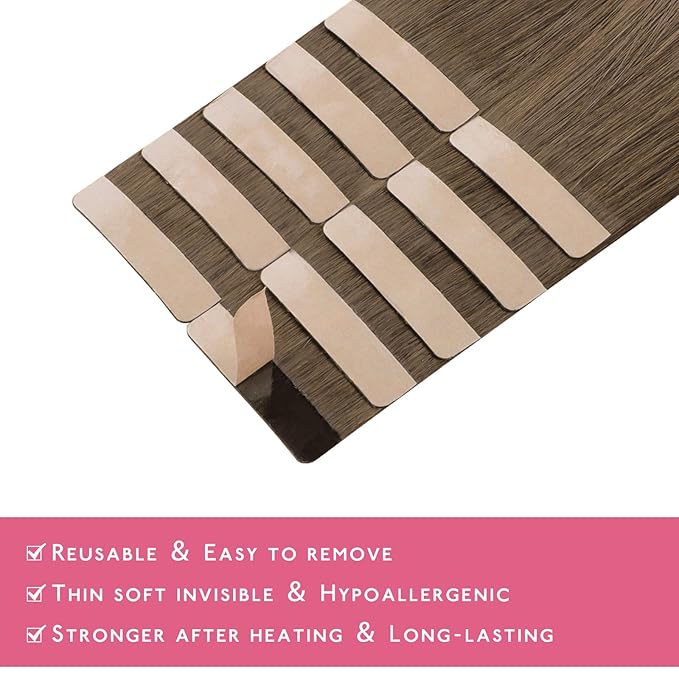 WENNALIFE Tape in Hair Extensions Human Hair Light Ash Brown Tape in Extensions, 10pcs 25g 16 inch Remy Invisible Tape Ins Straight Colored Soft Real Human Hair Tape in Extensions Refill Set