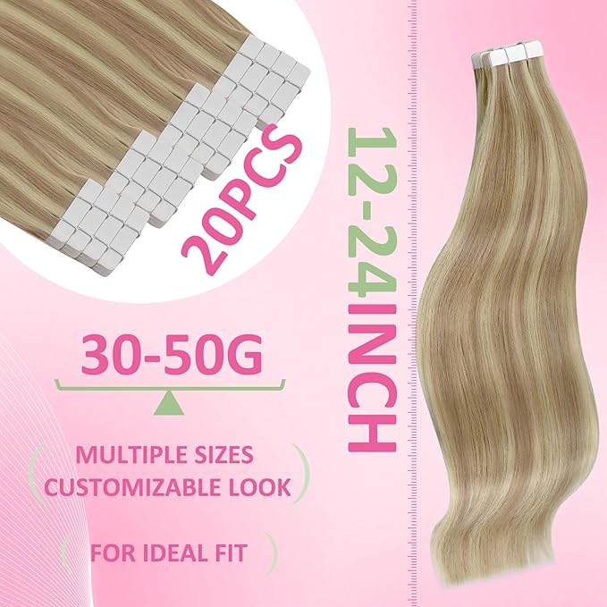 YoungSee Tape in Hair Extensions Human Hair Blonde Highlight Tape ins Human Hair Extensions Golden Blonde Invisible Tape-in Extensions for Short Hair 12 Inch 20pcs 30g
