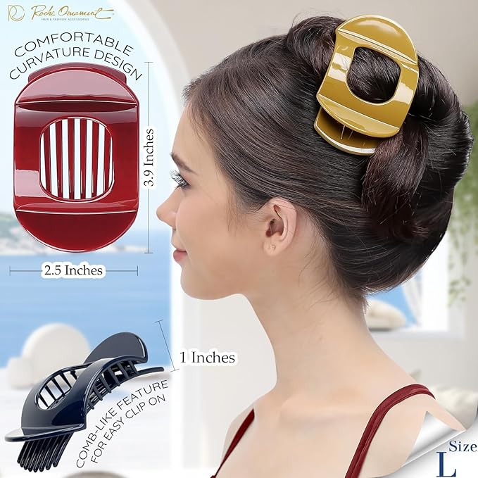 RC ROCHE 6 Pcs Flat Claw Hair Clips for Women Thick Hair French Round Duckbill Square Secure Strong Hold Grip Clamps Barrettes Curved No Slip No Crease Styling Cute Extra Jumbo XL, Large Classic