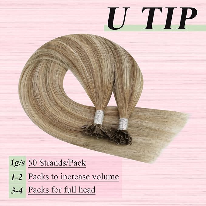 YoungSee U Tip Hair Extensions Real Human Hair Ombre Light Brown and Blonde Utip Real Hair Extension Balayage Human Hair K Tips Extensions for Long Hair Ktips Hair Extension Add Length 1G/S 50G 22In