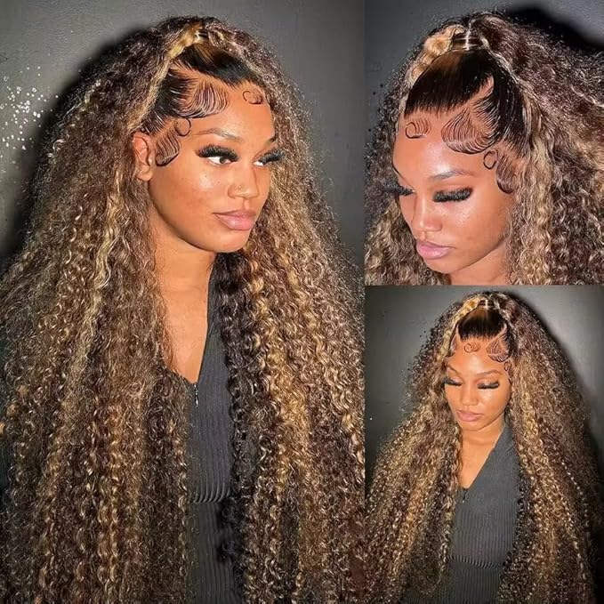 Hidden Strap 360 Deep Wave Lace Front Wigs Human Hair 220% Density Honey Blonde Curly Human Hair wig Ombre Water Wave 4/27 Highlight Lace Front Wigs Pre Plucked Wet And Wavy Wig for Women 24 Inch