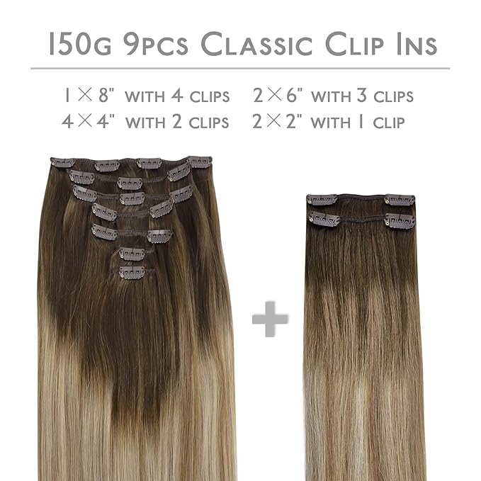WENNALIFE Clip in Hair Extensions, 150g 20 Inch 9pcs Ombre Walnut Brown to Ash Brown and Bleach Blonde Human Hair Extensions Thicker Clip in Hair Extensions Real Human Hair Clip Set Double Weft