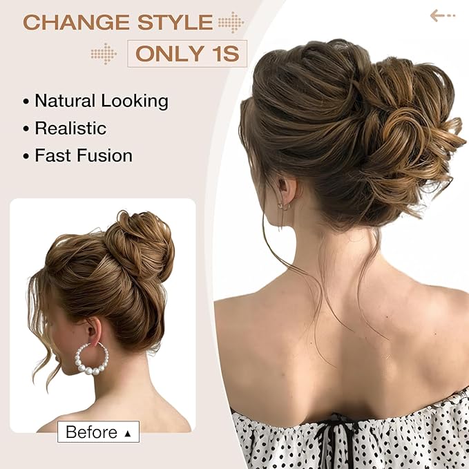Messy Bun Hair Piece Wavy Curly Scrunchies Fluffy Donut Thick Updo Elegant Chignon Hairpieces for Women Girls, Black Brown Mix Bleach Blonde 1.4oz