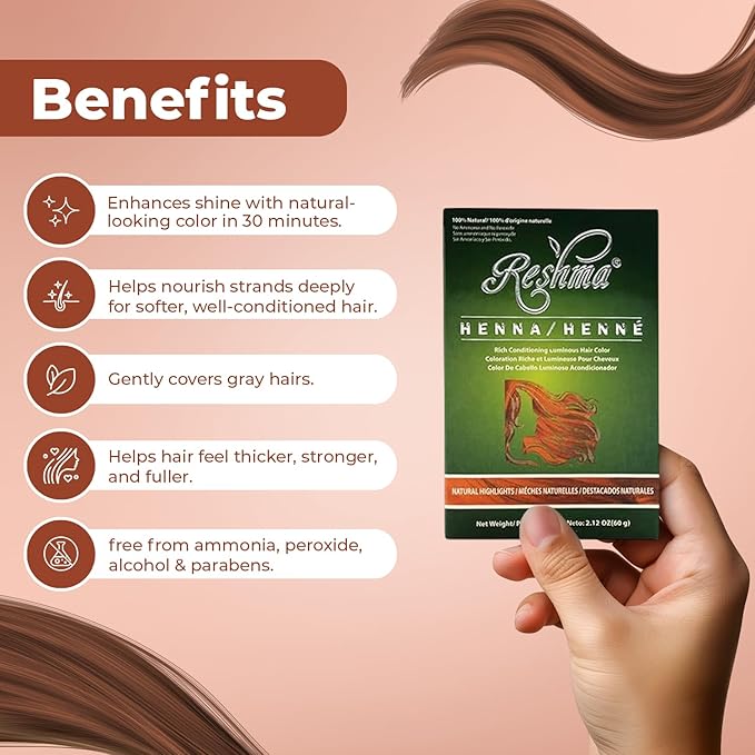 Reshma Beauty 30 Minute Henna Hair Color Infused with Organic Henna Lawsonia Inermis 100% Gray Coverage for Soft, Shiny Hair, Plant-Based Hair Dye—2.12 oz Pack of 1 (Highlights)