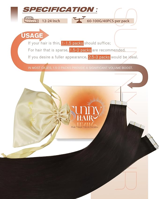 Sunny Hair Tape in Hair Extensions Human Hair 22inch Hair Extensions Real Human Hair Tape in Extensions for Women Darkest Brown Invisible Natural Straight Skin Weft Double Sided Tape 40pcs 100g
