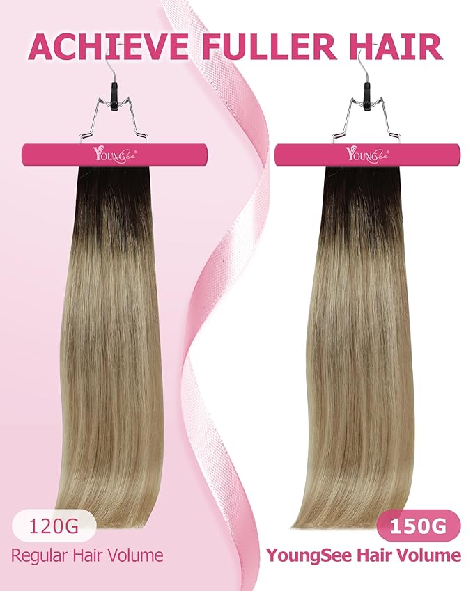 YoungSee Clip in Human Hair Extensions Ombre Clip in Extensions Real Human Hair Medium Brown Ombre Golden Mix Platinum Blonde Balayage Hair Extension Clip ins Long Straight Hair 120G 22In 7Pcs