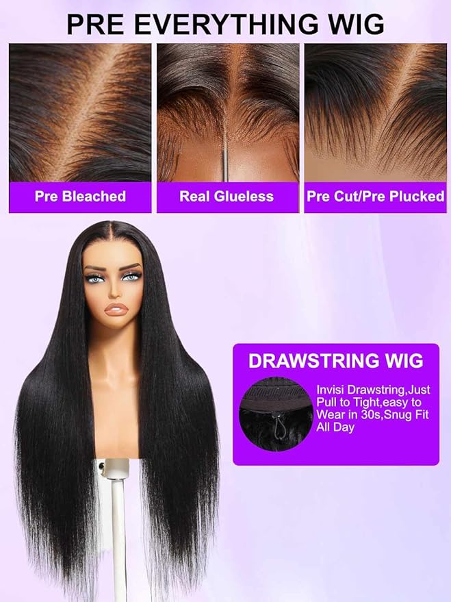 YIROO No Slip 7x5 Bye Bye Knots Yaki Straight Lace Front Glueless Drawstring Wig Human Hair with Deep Stretch Cap Fits All Head Sizes,Pre-Plucked Pre-Cut Wear and Go Wig for Women 150% Density 22Inch