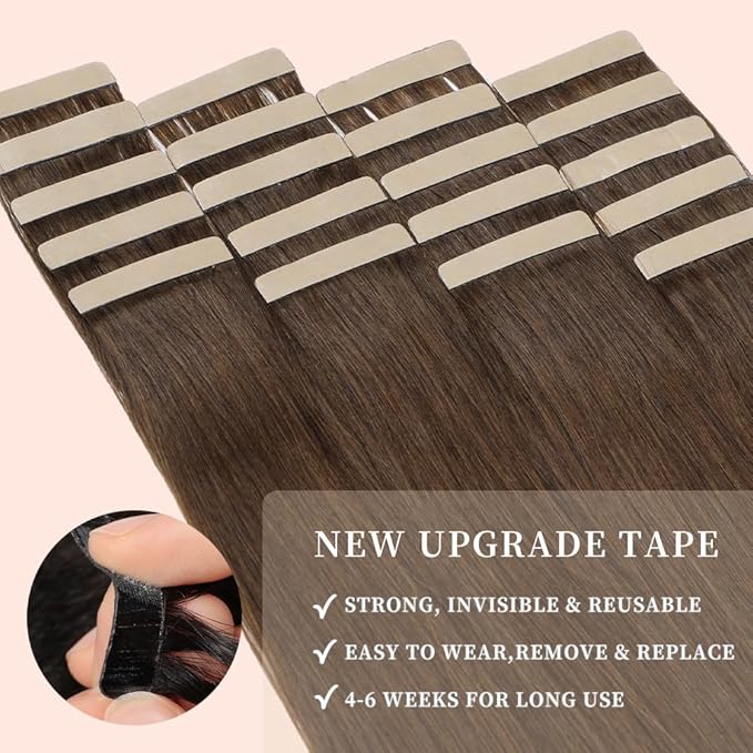 Tape in Hair Extensions 20pcs Remy Hair Extensions 22 Inch Darkest Brown Straight Invisible Human Hair Tape for Skin Weft Tape Seamless Human Hair (4#,22 Inch)