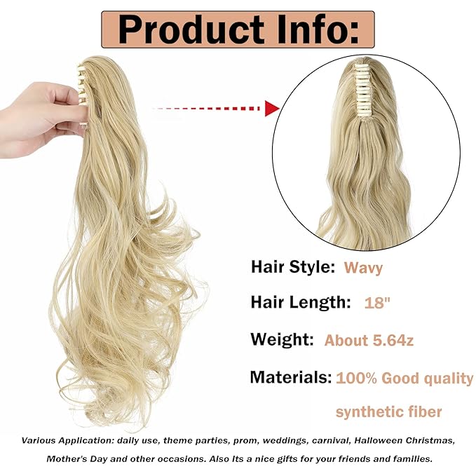 Claw Clip Ponytail Extension 18" Clip in Wavy Ponytail Hair Extensions Long Pony Tails for Women Extensions Light Blonde Mix Bleach Blonde Wave Hairpiece