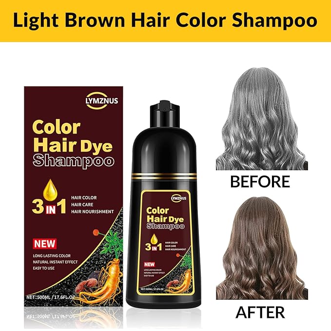 Light Brown Hair Dye Shampoo for Women Men, Natural Brown Hair Color Shampoo 3 In 1, Instant Light Brown Hair Dye Colors in Minutes, Herbal Ingredients Shampoo Hair Dye 500ml